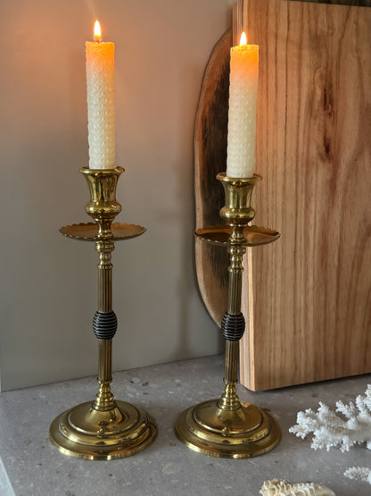 Pair of Edwardian Arts & Crafts Antique Brass Candlesticks with Scalloped Drip Trays