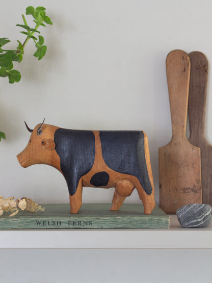 Vintage Hand-Carved & Handpainted Folk Art Wooden Cow