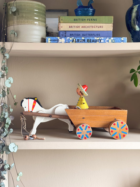 Vintage 1950s Handmade Wooden Horse & Cart Toy