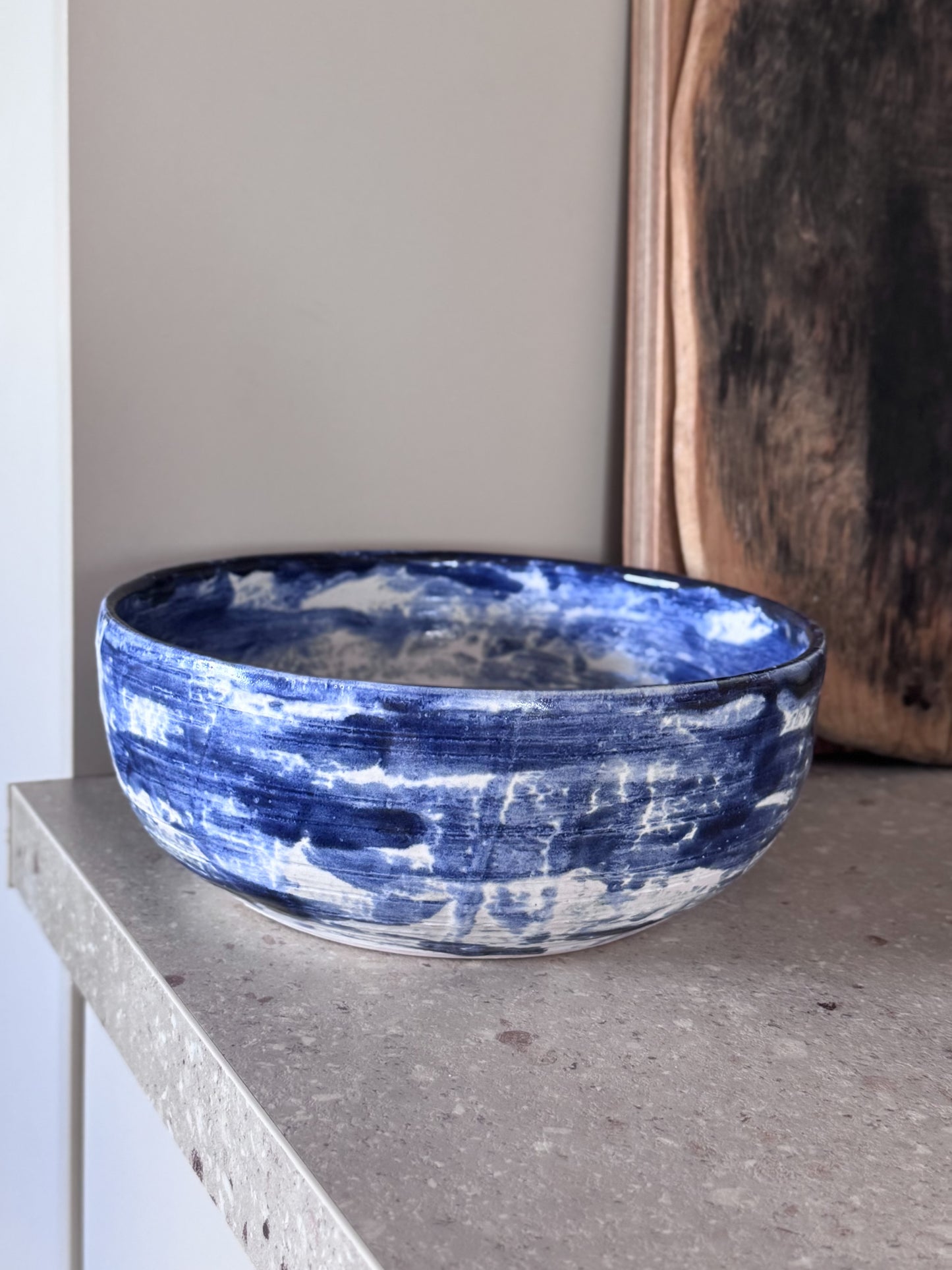Vintage Folk Art Cobalt Blue Brushstroke Studio Pottery Fruit Bowl