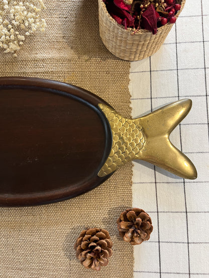 1950s French Mahogany & Brass Fish Shaped Serving Platter