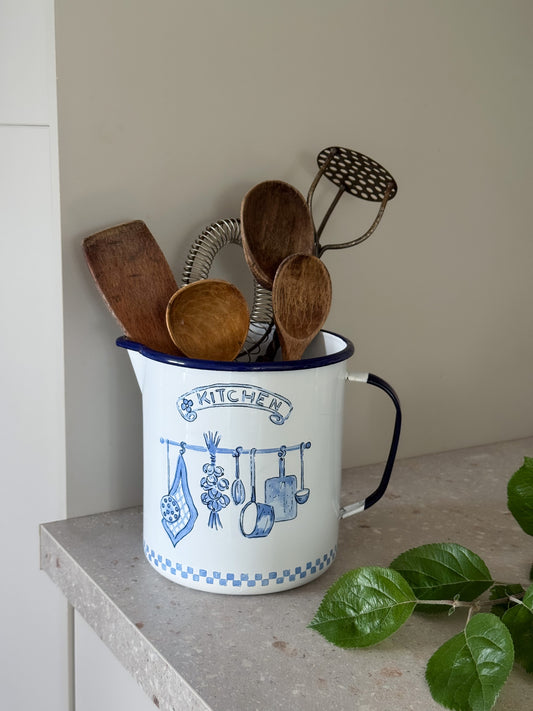 Large Vintage Enamel Jug, Blue & White “Kitchen” Design