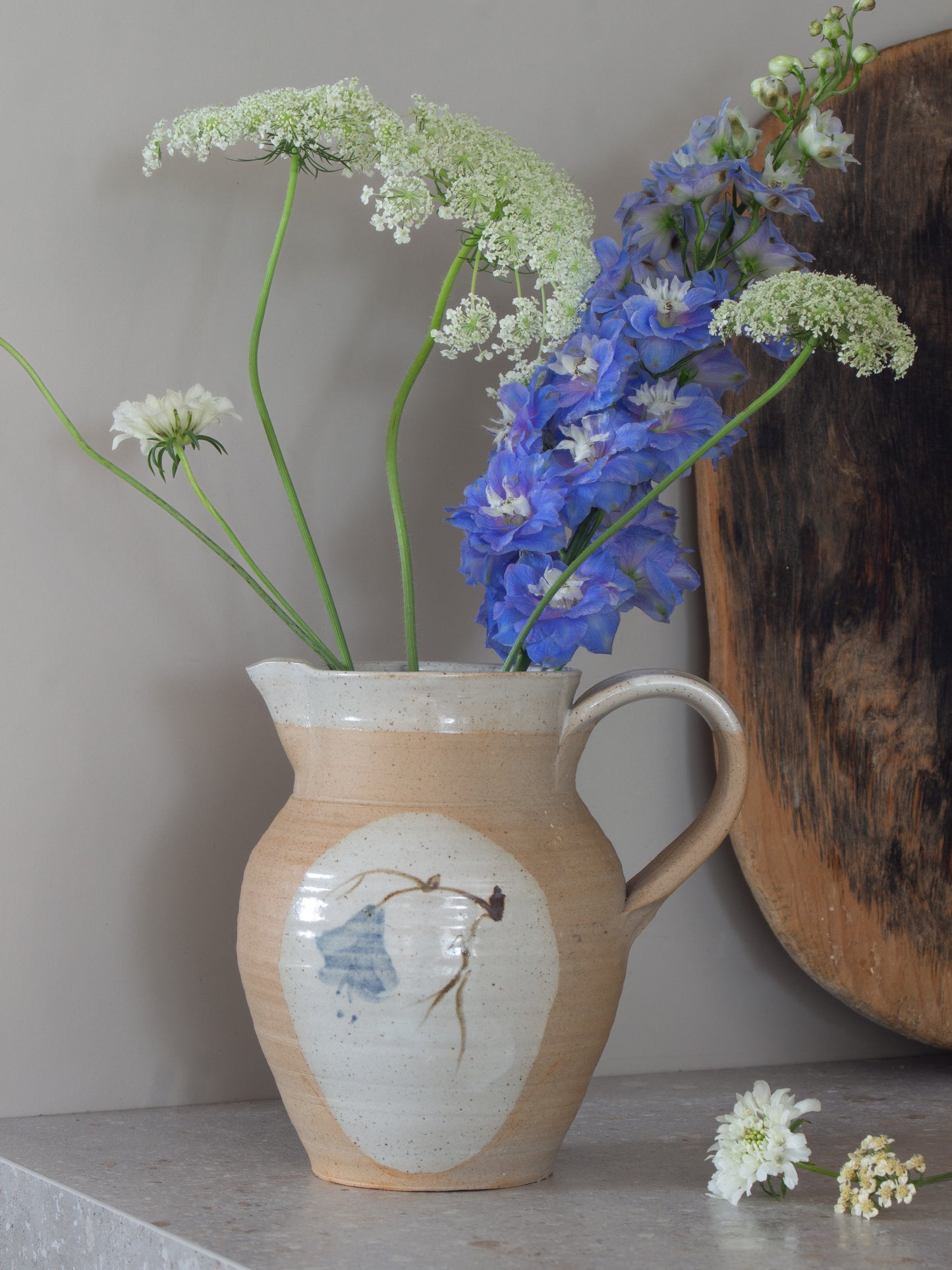 Vintage Large Studio Pottery Hand-Painted Blue Floral Jug