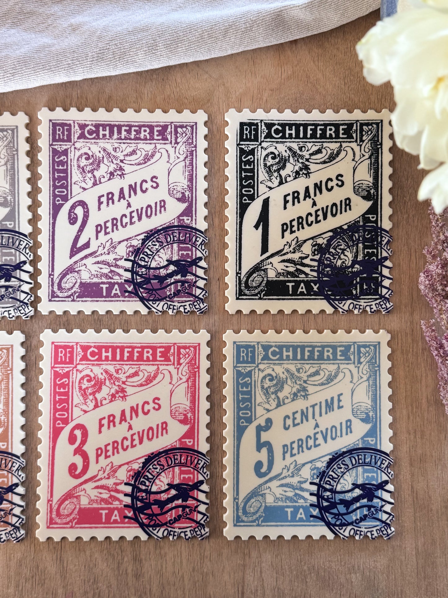 Vintage French Stamp Coaster Set (Set of 6 with Envelope Stand)