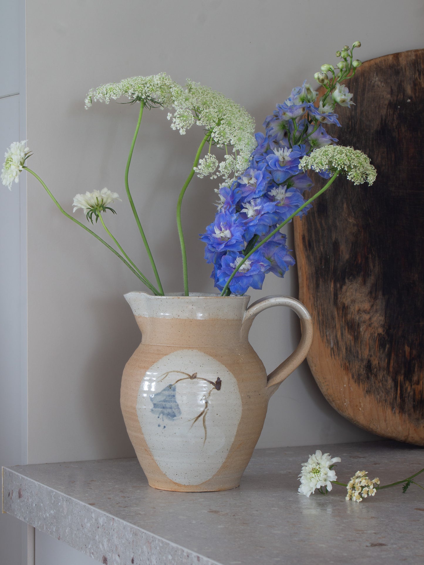 Vintage Large Studio Pottery Hand-Painted Blue Floral Jug
