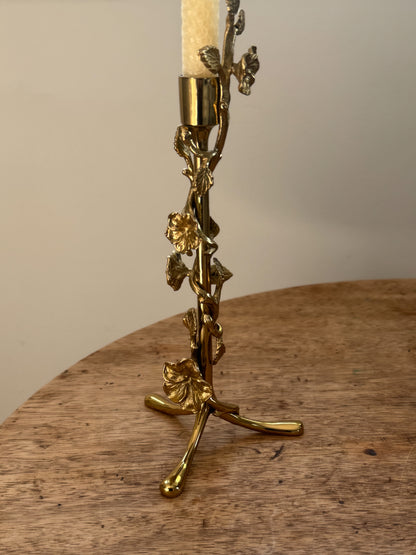 Vintage Solid Brass Floral Stem Candlestick Holder