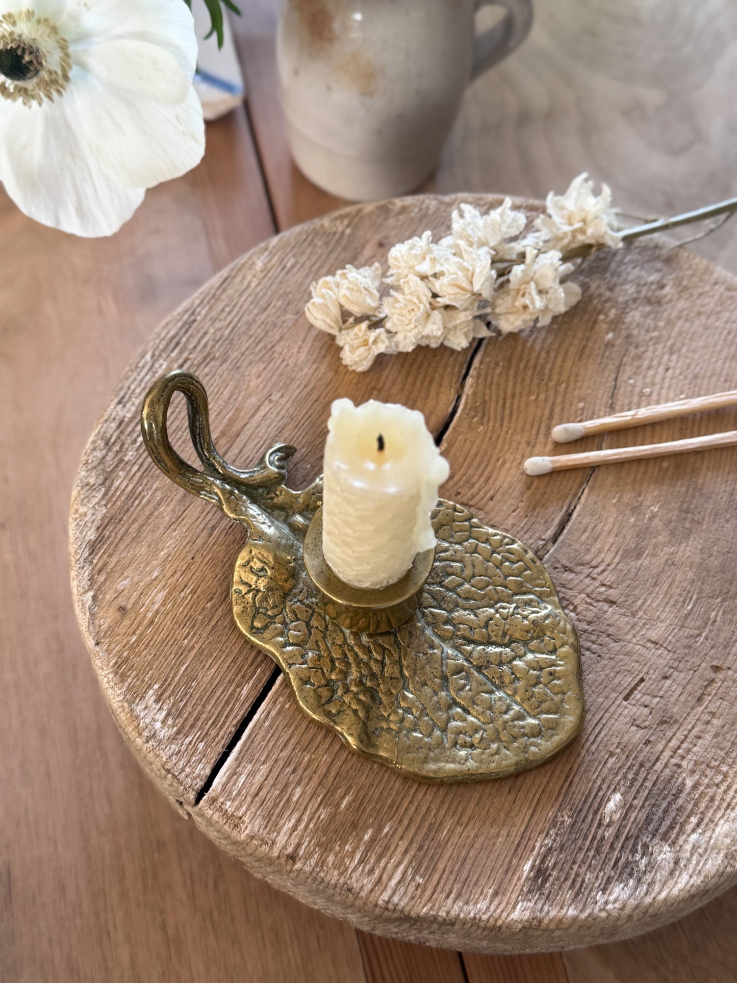 Vintage Solid Brass Water Lily Leaf Chamberstick