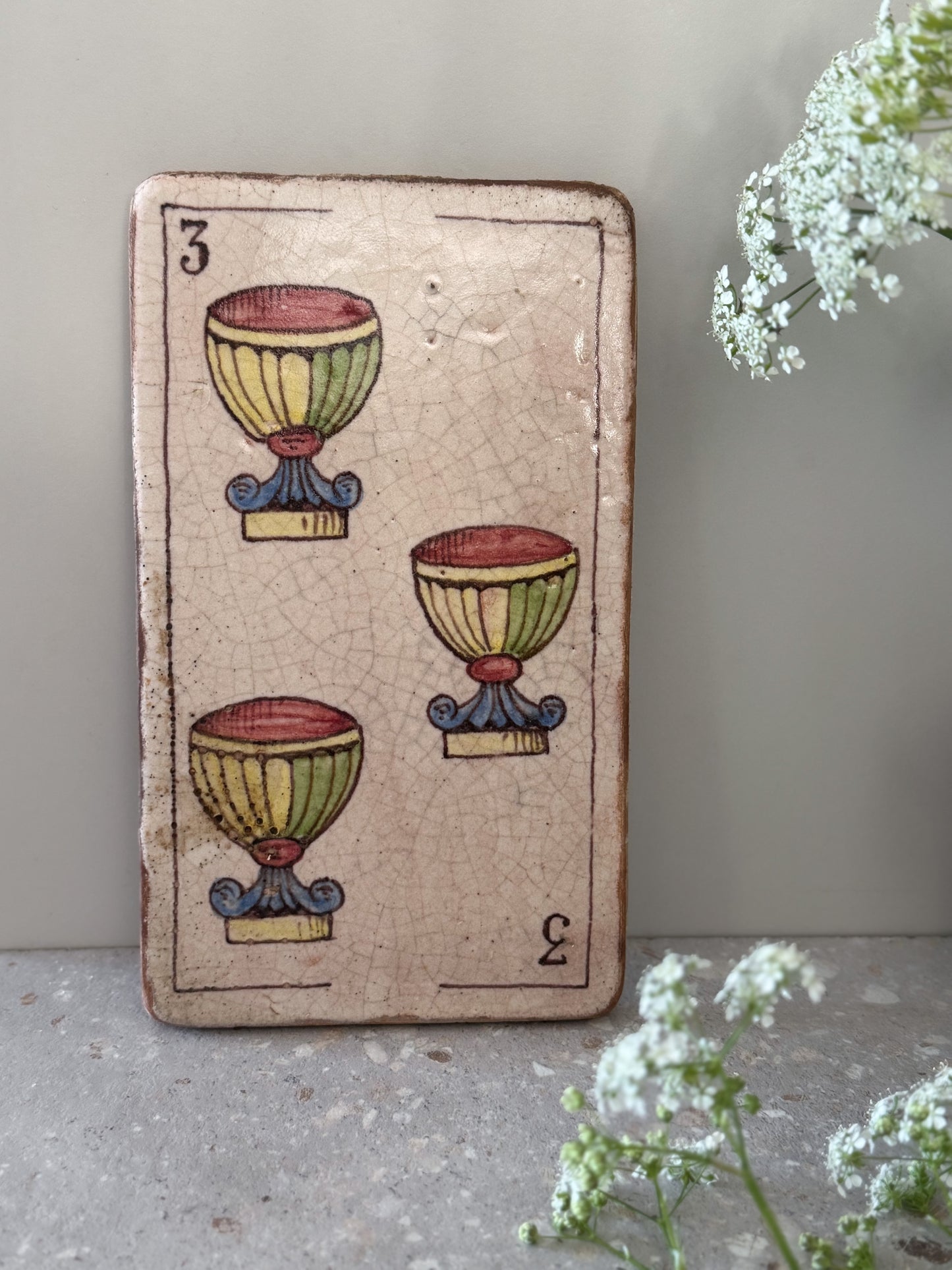 Rare Antique Hand-Painted Tile — Three of Cups (c.1910, Charlottenburg)