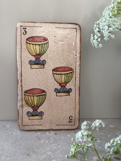Rare Antique Hand-Painted Tile — Three of Cups (c.1910, Charlottenburg)