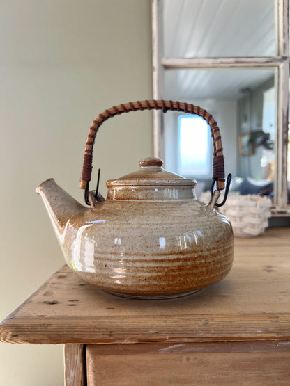 Vintage French Studio Pottery Wicker Handled Teapot