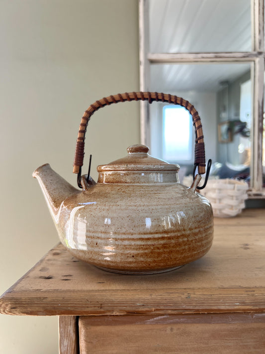 Vintage French Studio Pottery Wicker Handled Teapot