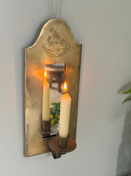 Vintage Brass Sailing Ship Mirrored Wall Sconce