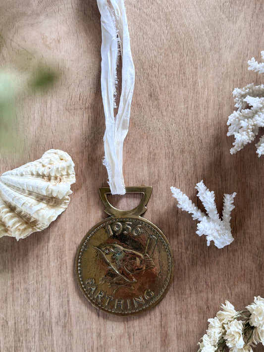 Vintage Solid Brass Coin Decoration with Silk Ribbon - 1956 Farthing