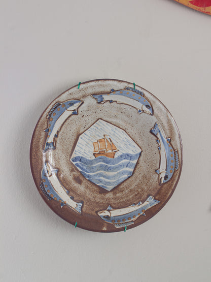 Rare Vintage Andrew McGarva Studio Pottery Fish & Sailing Ship Wall Plate