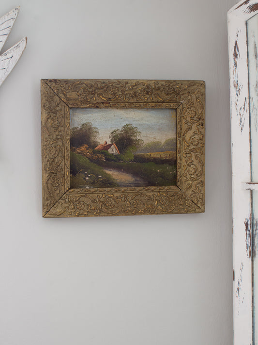 Antique Original Framed Oil Painting of a Country Cottage