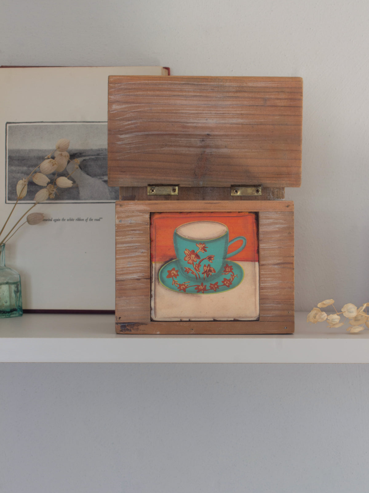 Vintage Handmade Wall-Mounted Wooden Salt Box, Enamel Coffee Cup Design