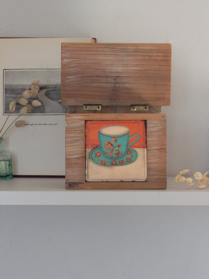 Vintage Handmade Wall-Mounted Wooden Salt Box, Enamel Coffee Cup Design