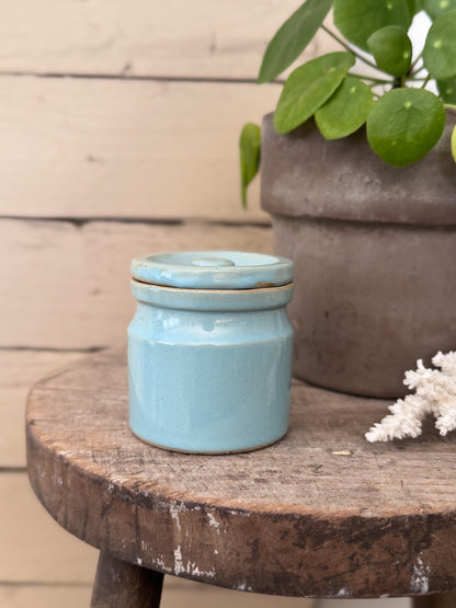 Antique Pastel Blue Small Glazed Confit Pot / Crock Pot