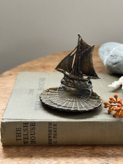 Vintage Midcentury French Brass Sailboat Dish / Candle Holder