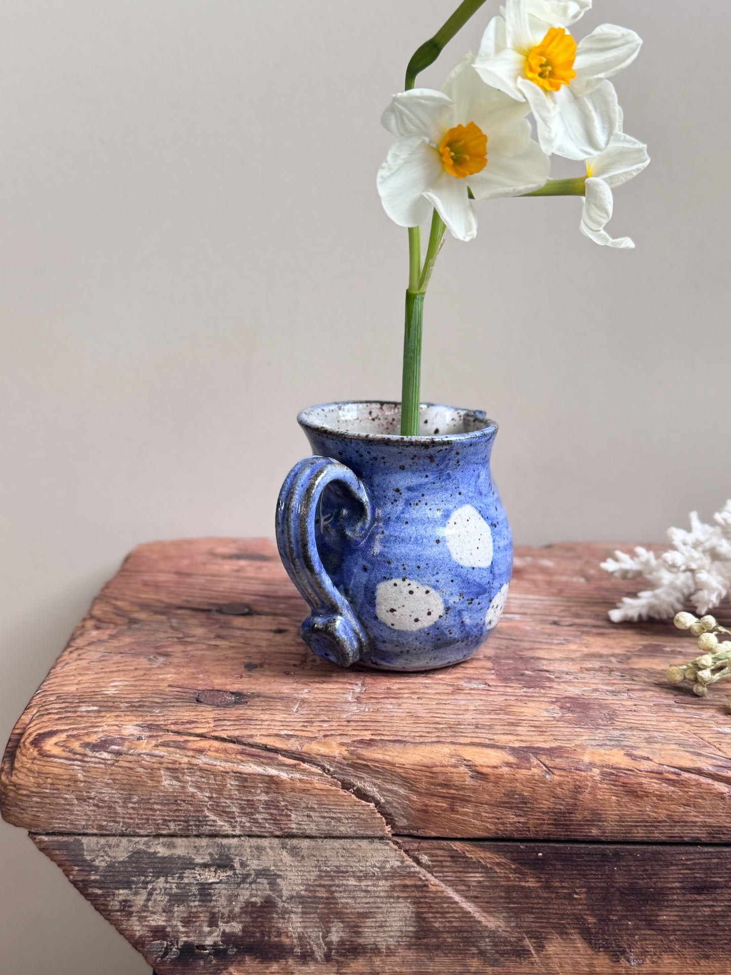 Vintage Blue Polka Dot Studio Pottery Miniature Creamer by Pauline Patterson, Black Mountain Pottery Wales