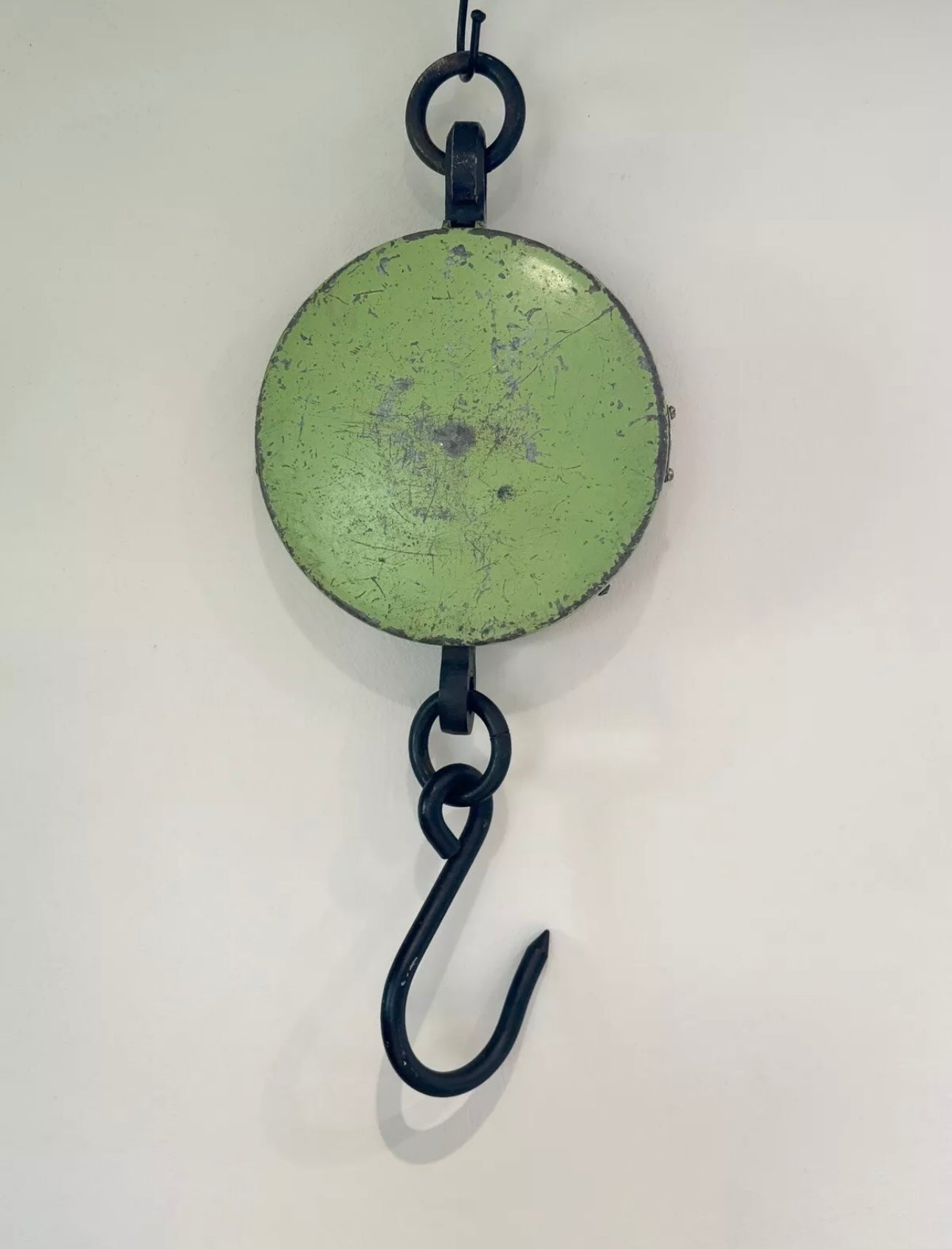 Vintage 1950s SALTER 235 Hanging Spring Balance Weighing Scale, 20lb Brass Face • Green Chippy Paint