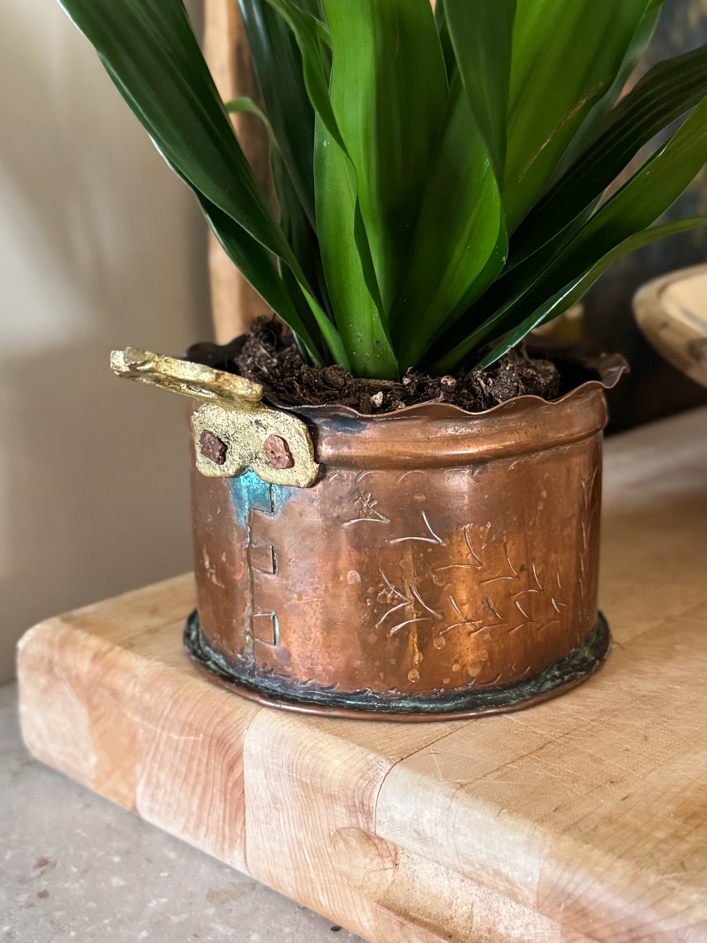 Antique Art Nouveau Handmade Copper Planter - Scalloped Edge & Etched Birds
