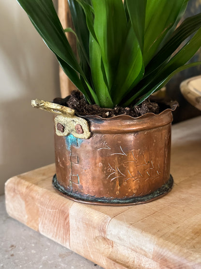 Antique Art Nouveau Handmade Copper Planter - Scalloped Edge & Etched Birds