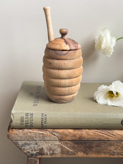 Vintage Hand-Turned Pine Honey Pot with Dipper