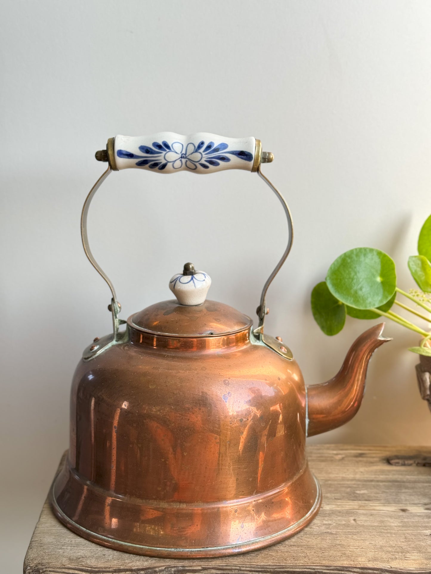 Vintage Copper Kettle with Blue & White Ceramic Handle