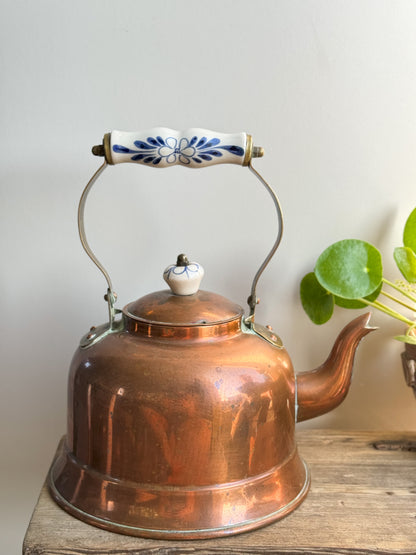 Vintage Copper Kettle with Blue & White Ceramic Handle