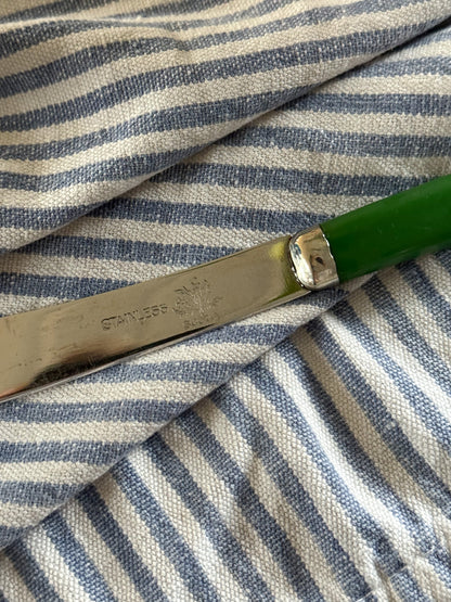 Vintage 1950s Stainless Steel Scotia Butter Knives with Green Bakelite Handles (Set of 6)