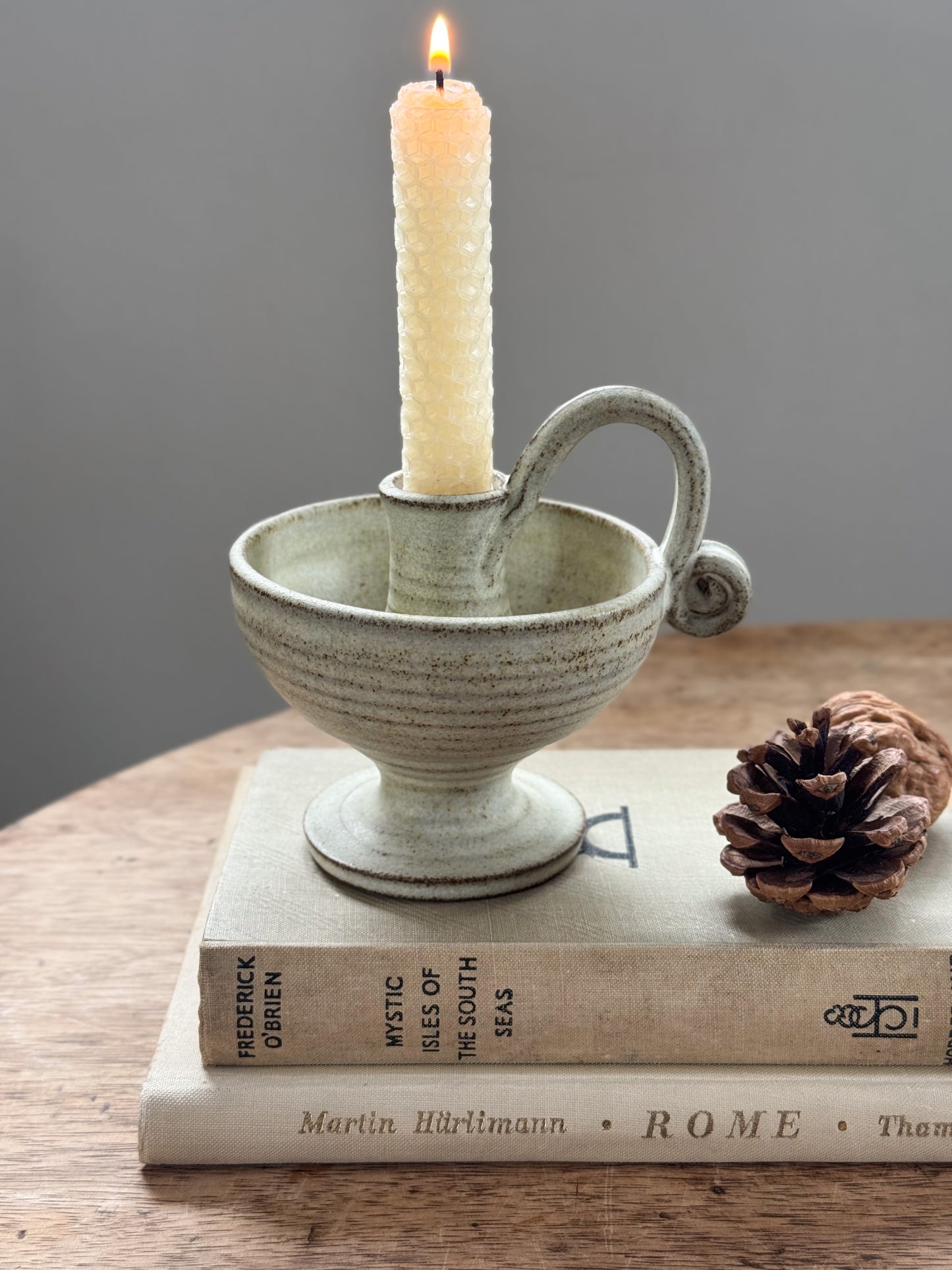 Vintage Studio Pottery Pedestal Chamberstick with Looped Handle - Hassall Dunbar, Scotland