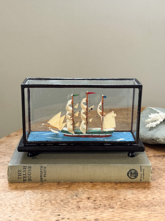 Vintage Folk Art Handmade Encased Model Ship in Glass & Wood Display