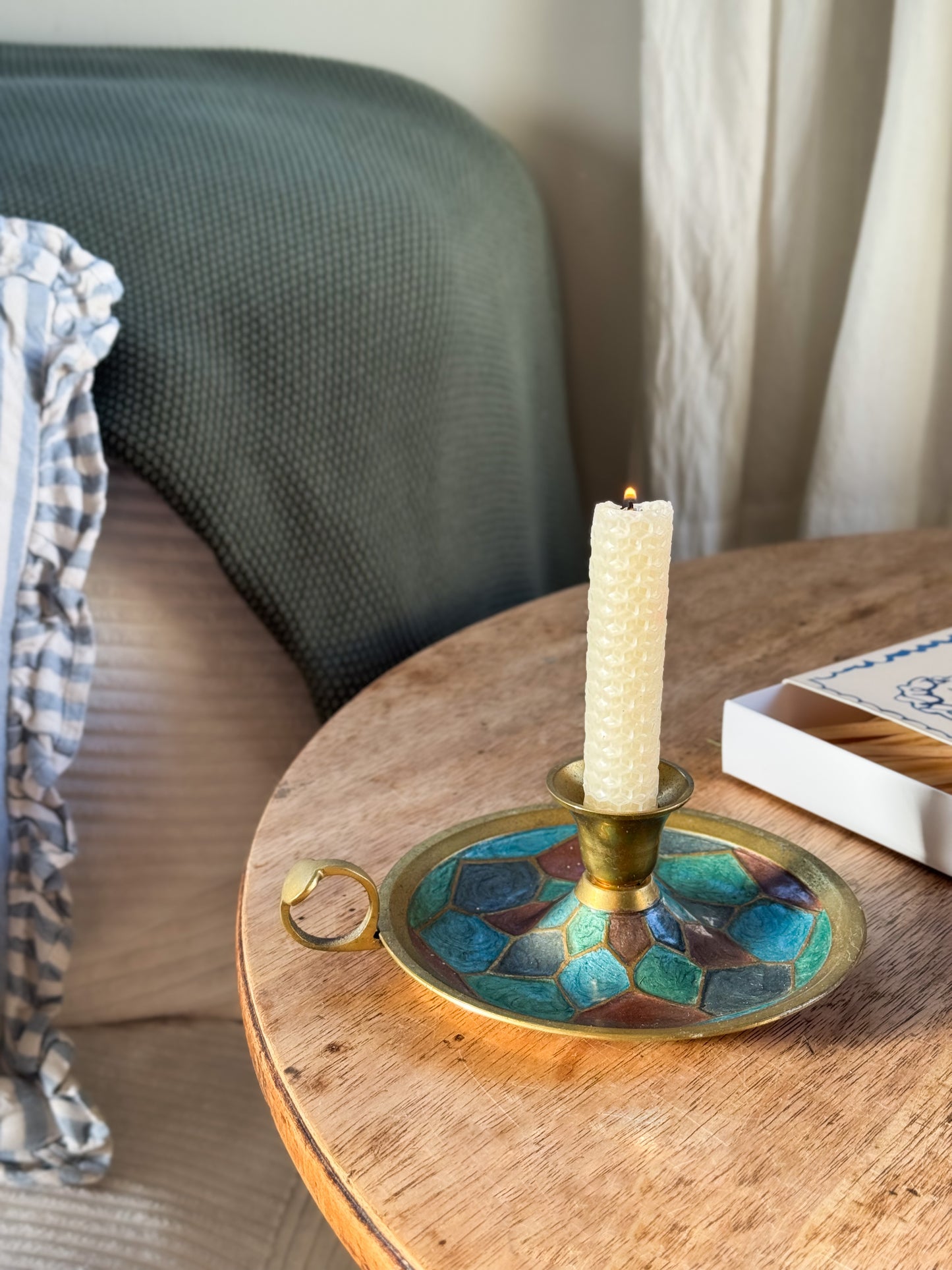 Vintage Solid Brass Enamel Chamberstick with Geometric Design