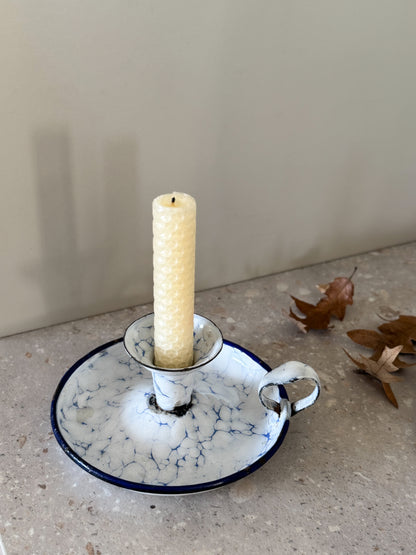 Vintage French Enamel Chamberstick - Blue Marbled with Navy Rim