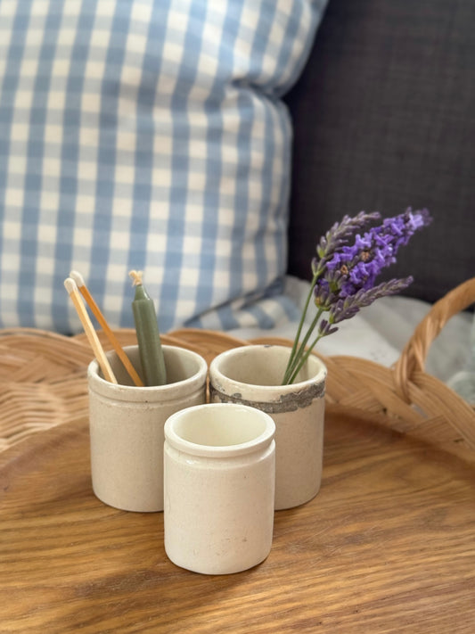 Set of 3 Antique Stoneware Paste Pots • Neutral Tones & Timeless Form