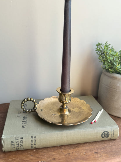 Vintage English Brass Scalloped Chamberstick with Bobbin Handle