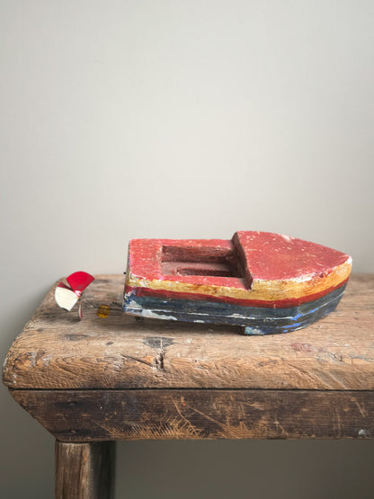 Vintage Handmade Wooden Boat With Tin Propeller
