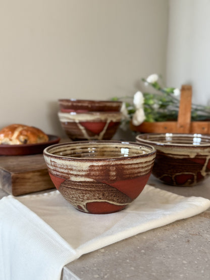 Studio Pottery Drip Glaze Swirl Bowls – Signed RW (Set of 4)