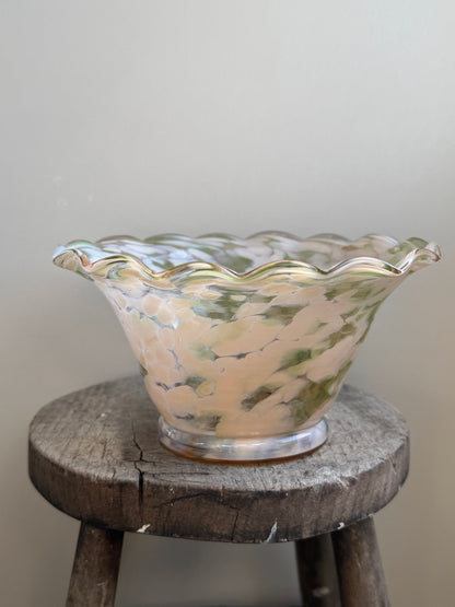 Vintage Handblown Art Glass Pastel Pink Spatter Glass Scalloped Bowl