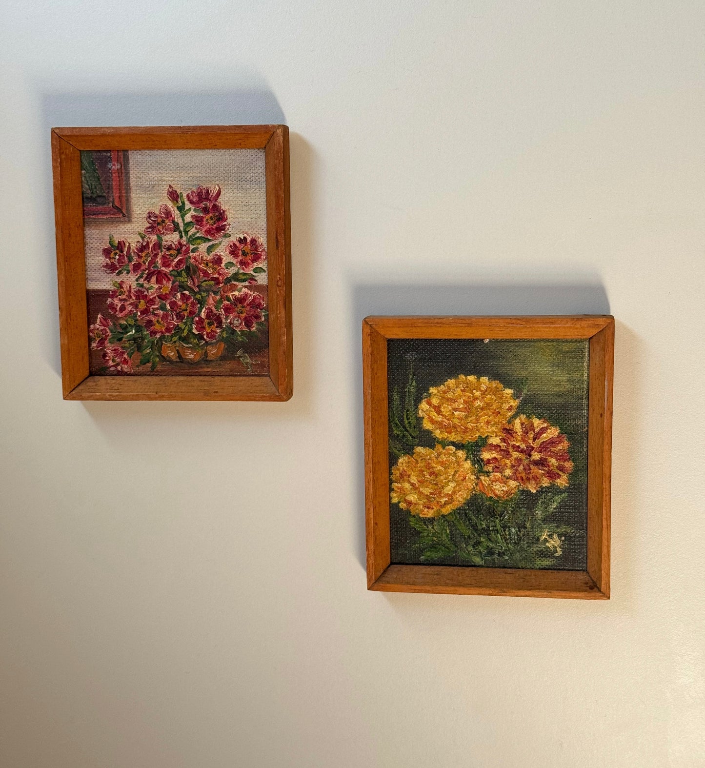 Pair of Miniature Floral Oil Paintings in Handmade Wooden Frames