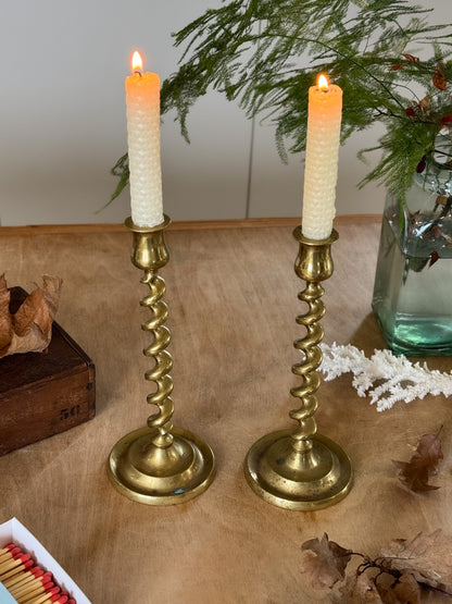 Vintage Solid Brass Barley Twist Candlestick Pair