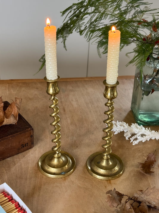 Vintage Solid Brass Barley Twist Candlestick Pair