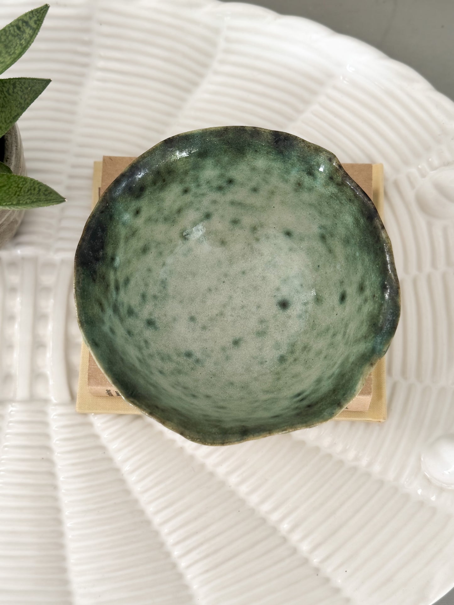 Vintage Studio Pottery Bowl with Scalloped Edge and Painterly Green Glaze