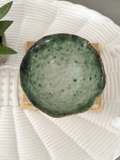Vintage Studio Pottery Bowl with Scalloped Edge and Painterly Green Glaze