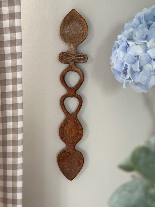 Vintage Hand-Carved Welsh Love Spoon with Bow & Horseshoe Motif