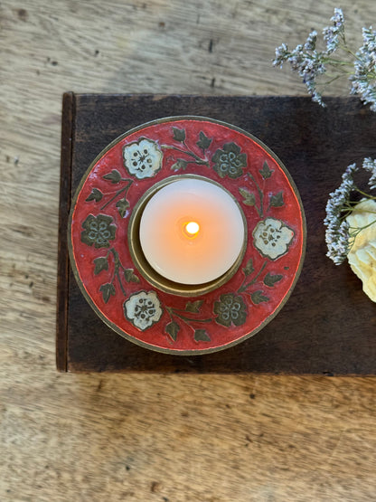 Vintage Brass Pedestal Candle Holder with Floral Enamel Detail