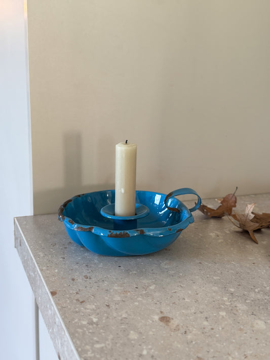 Vintage French Enamel Chamberstick - Blue Scalloped Edge