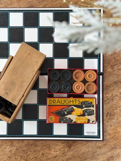 Vintage 1960s J.W Spear & Sons Leather Folding Chess Board with Chess Pieces & Melamine Draughts | Game Set