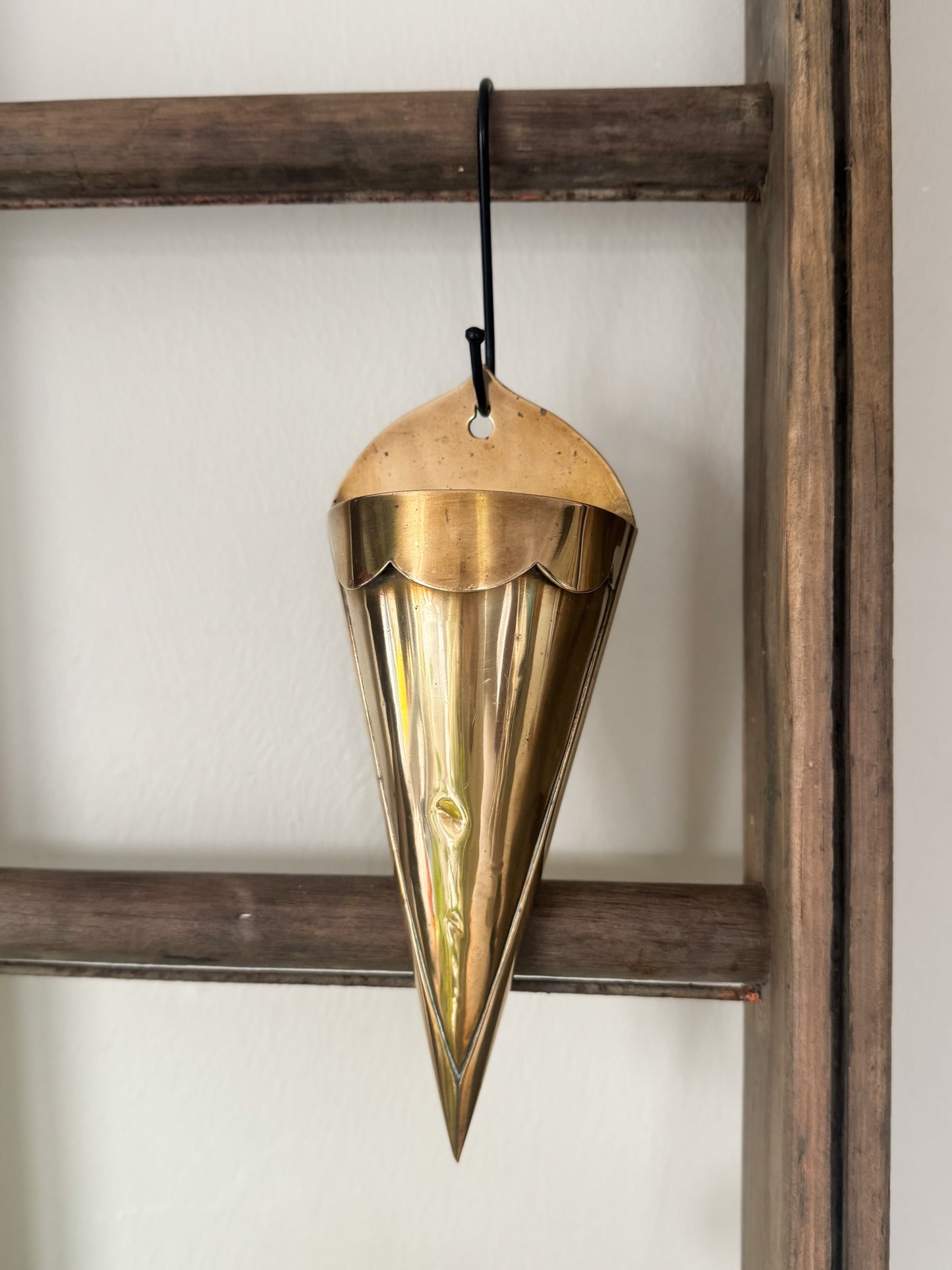 Antique Handmade Solid Brass Scalloped Edge Wall Pocket